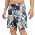 Herren Badeshorts L Blau Weiß mit Blätterdruck und Seitentasche