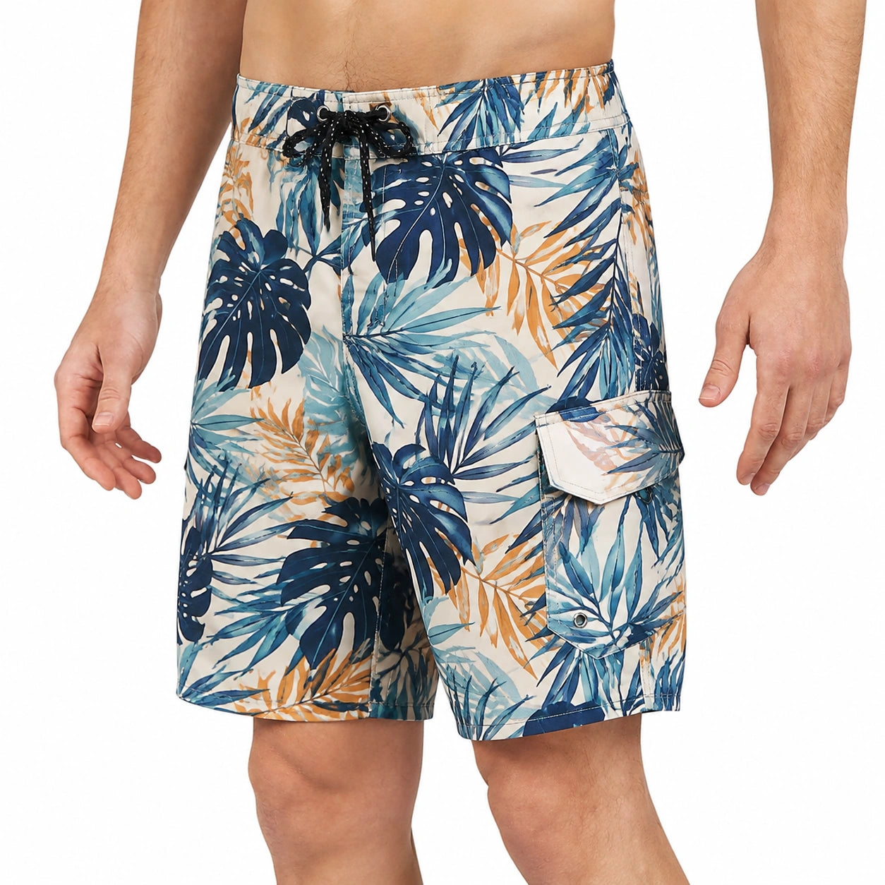 Herren Badeshorts L Blau Weiß mit Blätterdruck und Seitentasche