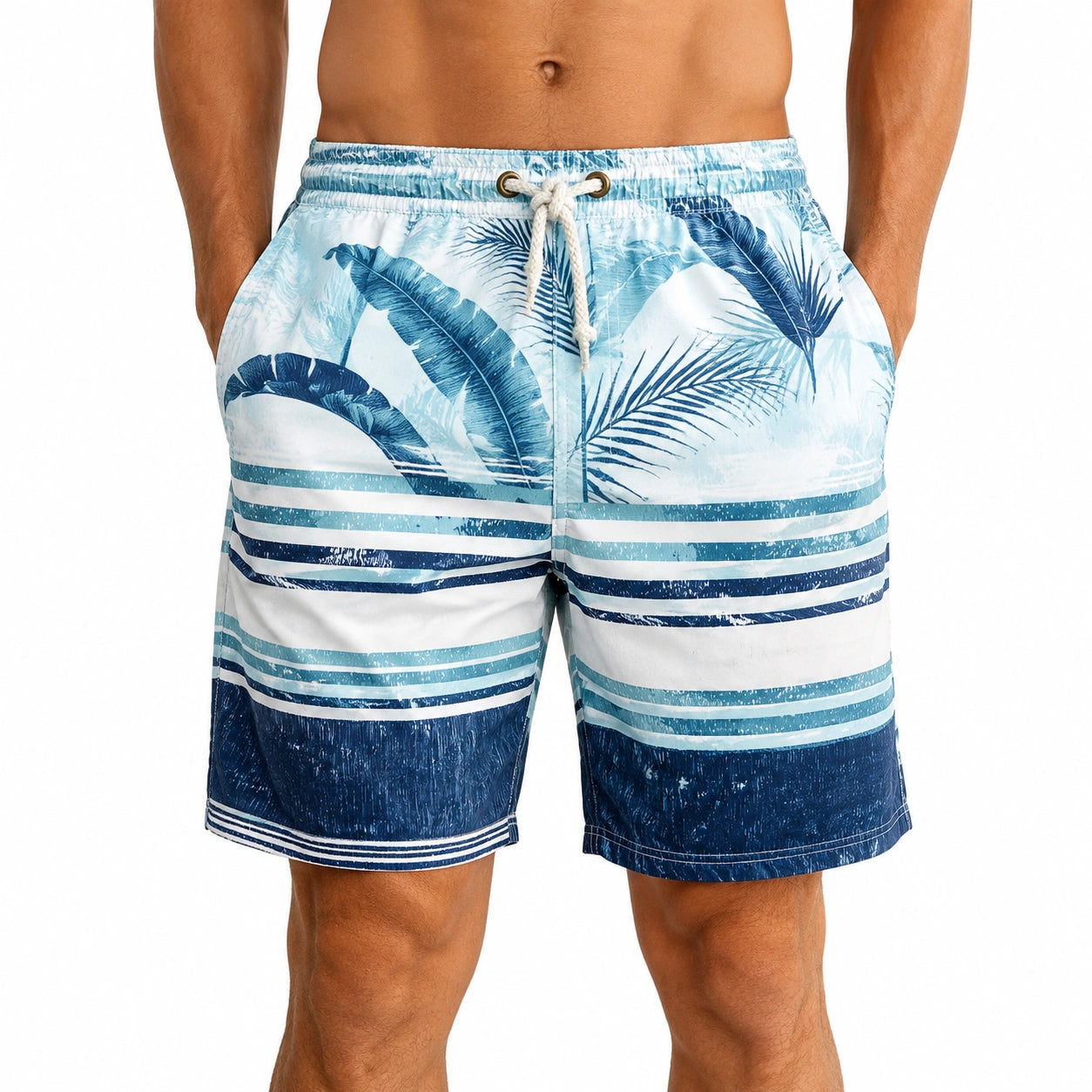 Herren Badeshorts L aus Textilgewebe Blau Weiß mit Blattmuster und Kordelzug