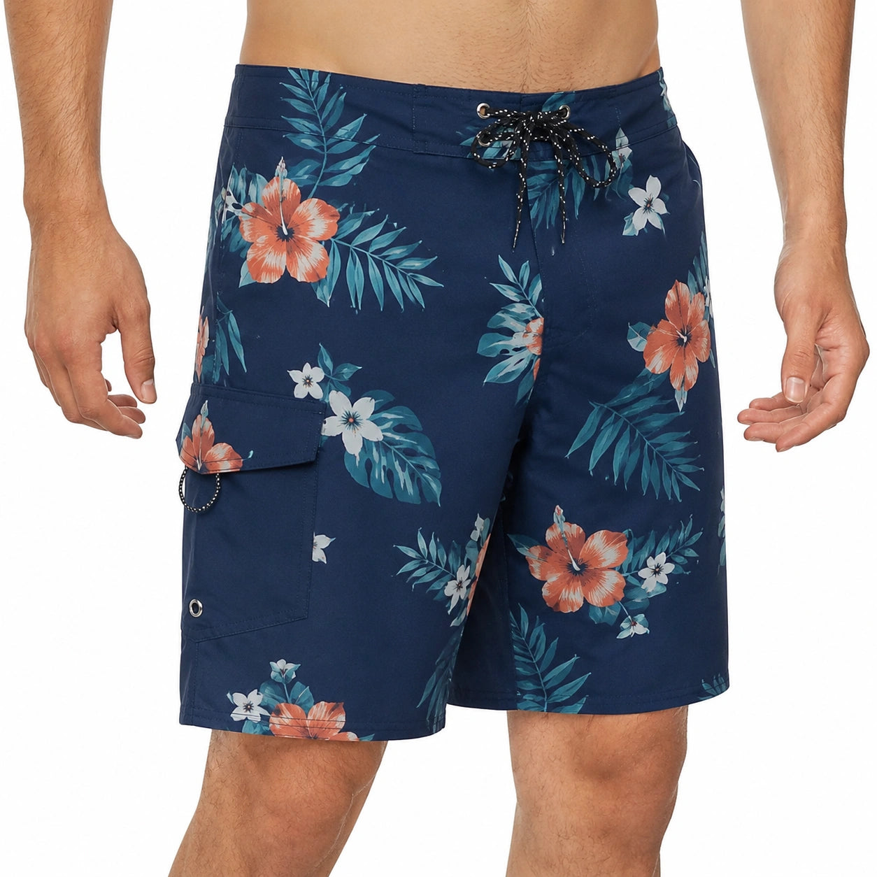 Herren-Badeshorts Größe M aus Synthetik Navyblau mit Blumenmuster und Seitentasche
