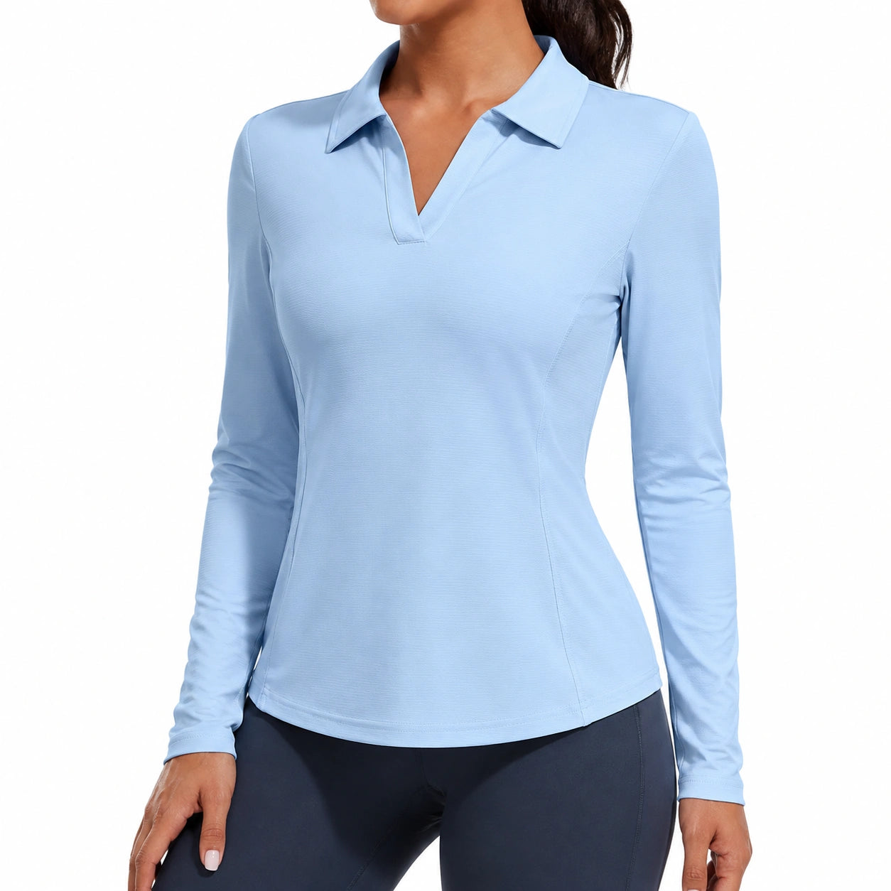 Damen Langarm Poloshirt Größe M Hellblau aus elastischem Synthetikgewebe