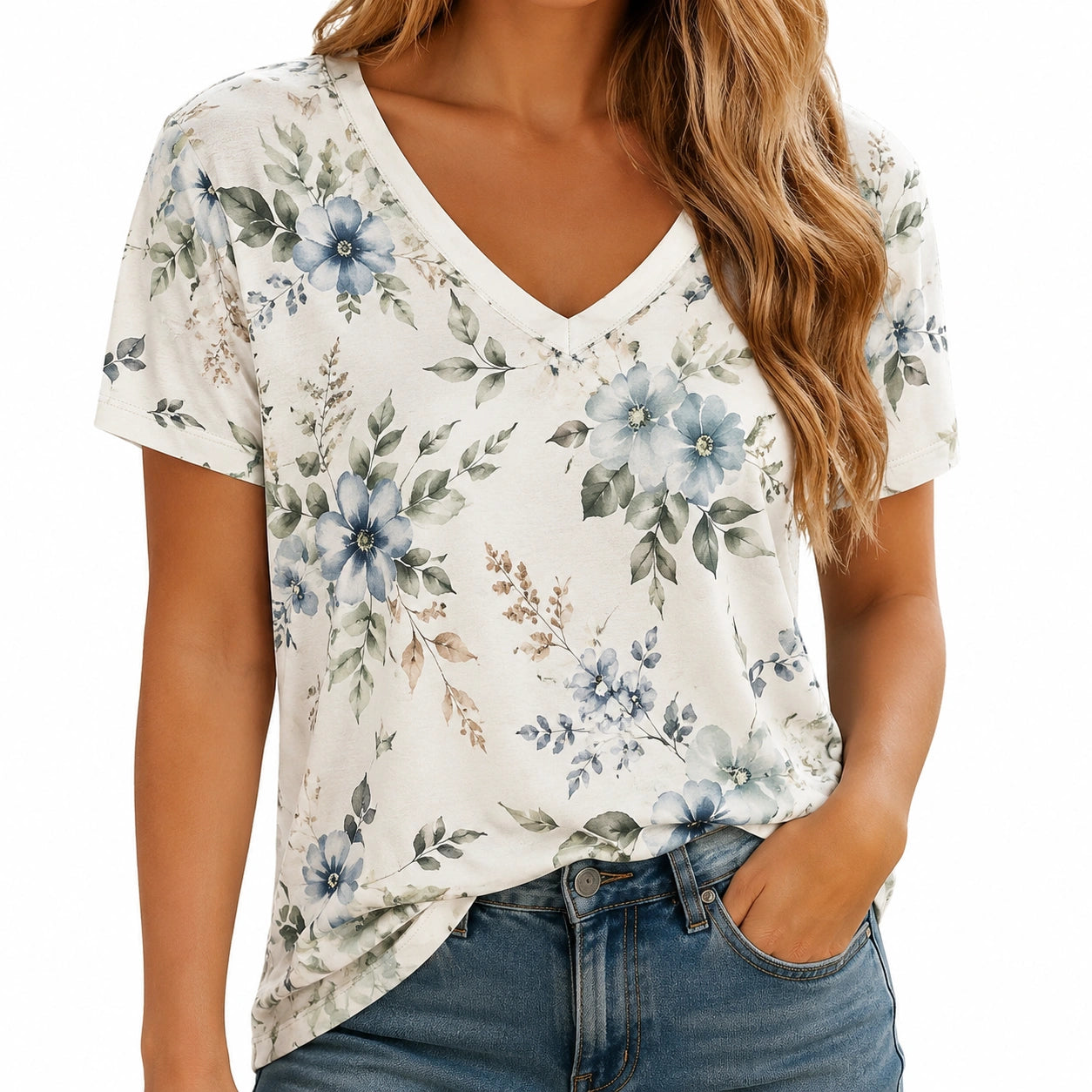 Damen T-Shirt Größe S Weiß mit blauem Blumenmuster V-Ausschnitt Kurzarm