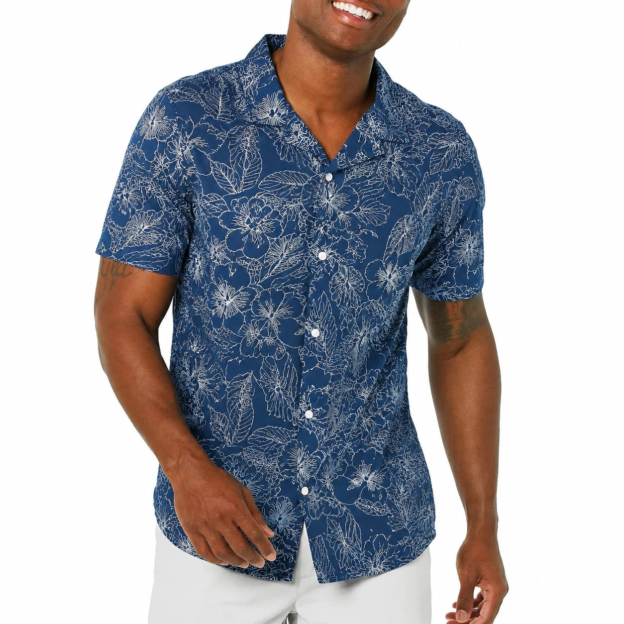 Herren Kurzarmhemd L Blau Weiß mit Blumenmuster Freizeit