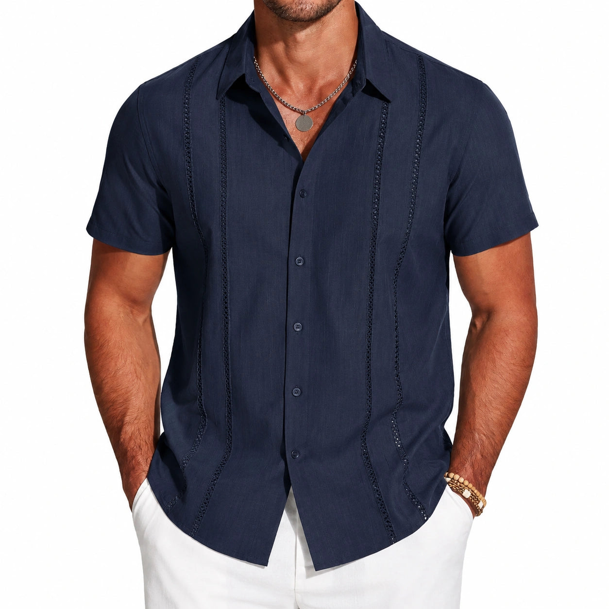Herren Kurzarmhemd XL Textil Dunkelblau mit Zierbändern