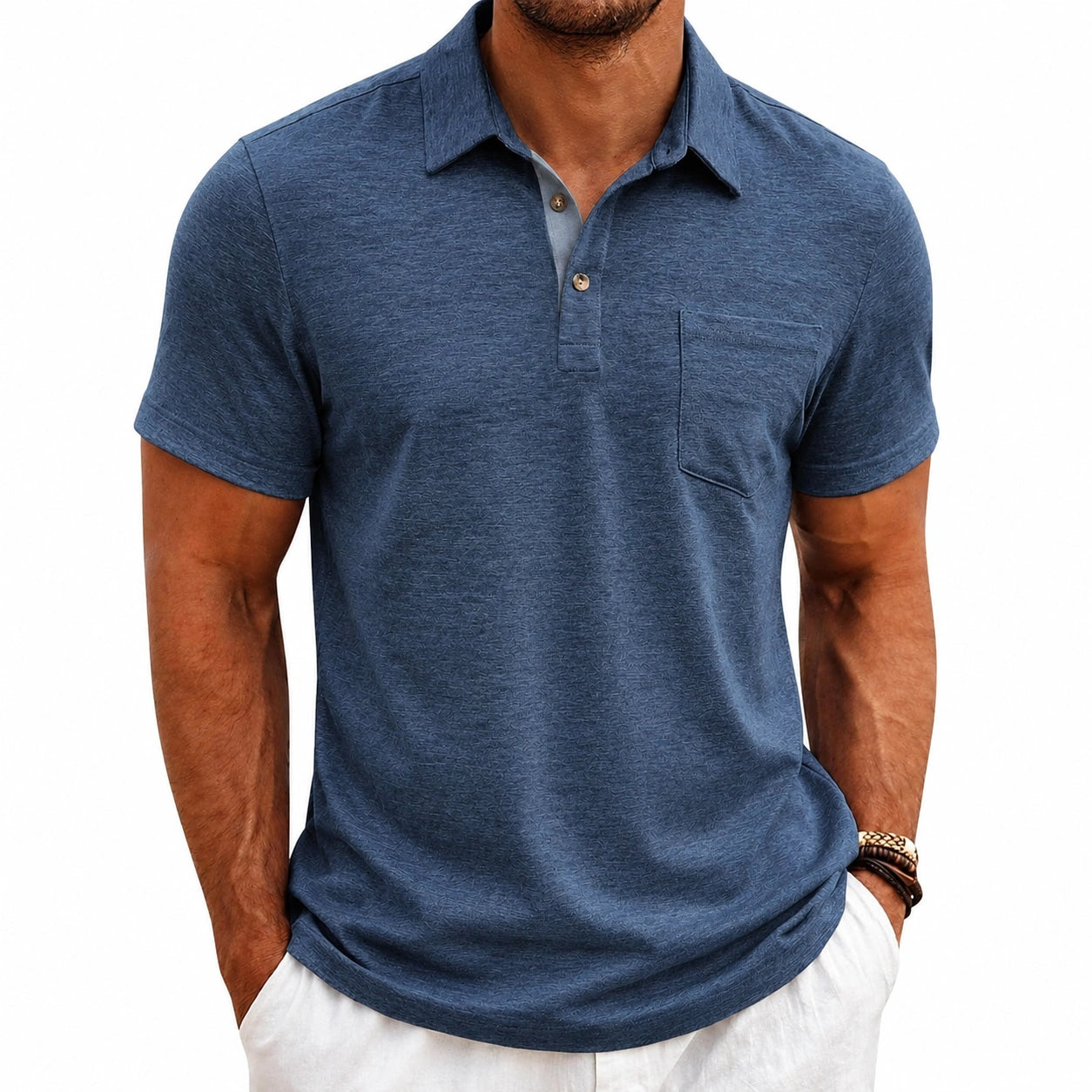 Herren Poloshirt L Blau Kurzarm mit Brusttasche