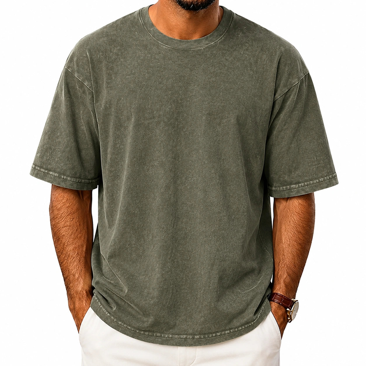 Herren T-Shirt Größe M Olivgrün mit Washed-Optik im Oversize-Stil