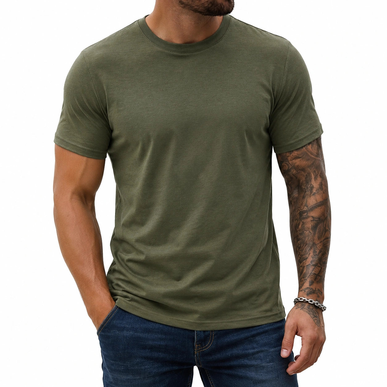 Herren T-Shirt Größe L Olivgrün Kurzarm Rundhals Basic