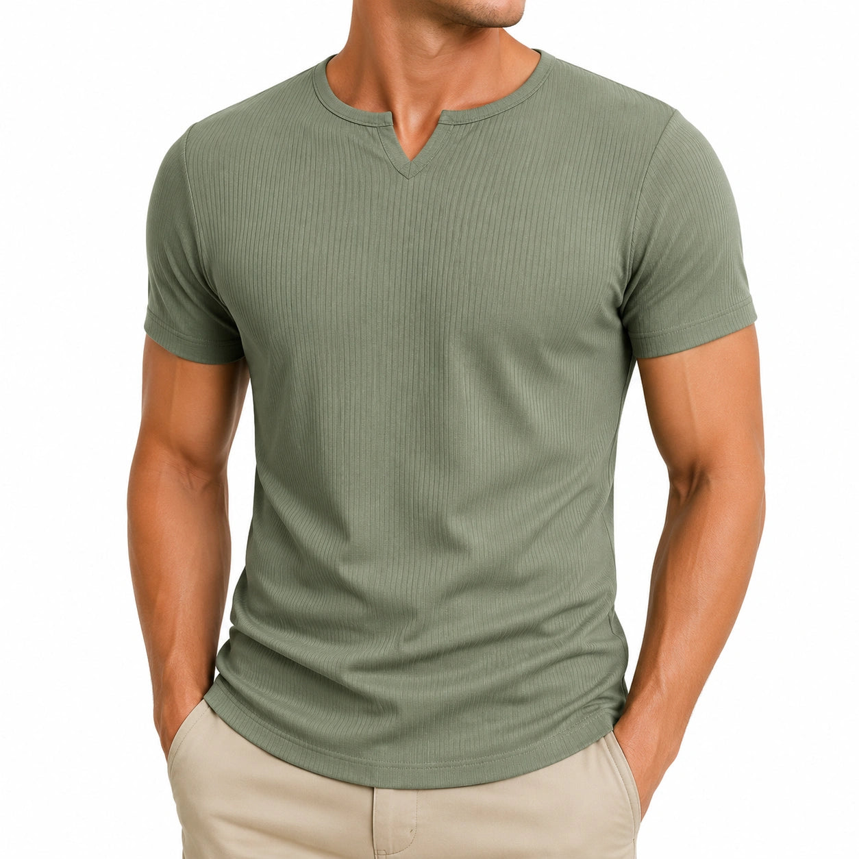 Herren T-Shirt XL Olivgrün Gerippt Kurzarm mit Kerbausschnitt