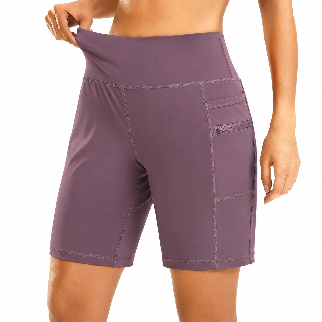 Damen Sportshorts Größe L aus elastischem Synthetikgewebe in Mauve mit hohem Bund und Taschen