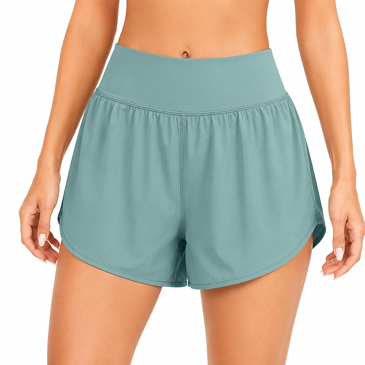 Damen Laufshorts L in Salbeigrün mit hohem Bund